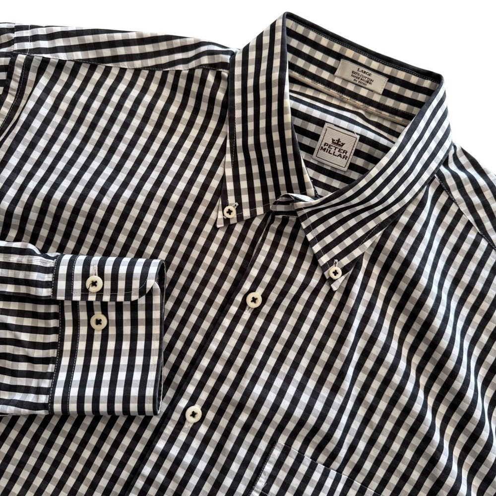 Peter Millar Mens Large Black White Gingham Cotton Button Down Shirt RN100308